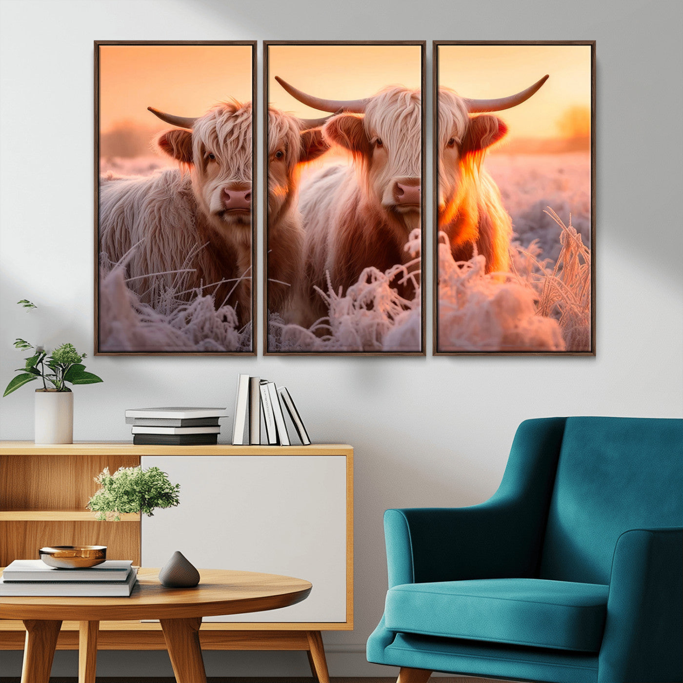68253-MGV-CV-36X24-Highland Cow Wall Art – Rustic Farmhouse Cattle Canvas Print, Frosty Sunset Animal Artwork for Living Room, Bedroom or Country