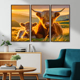 20567-MGV-CV-36X24-Highland Cow and Calf Wall Art – Rustic Farmhouse Sunset Cattle Canvas Print, Country Animal Artwork for Living Room, Bedroom, or