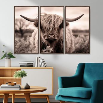 55903-MGV-CV-36X24-Highland Cow Wall Art – Rustic Sepia Scottish Highland Bull Canvas Print, Farmhouse Country Animal Decor for Living Room, Bedroom