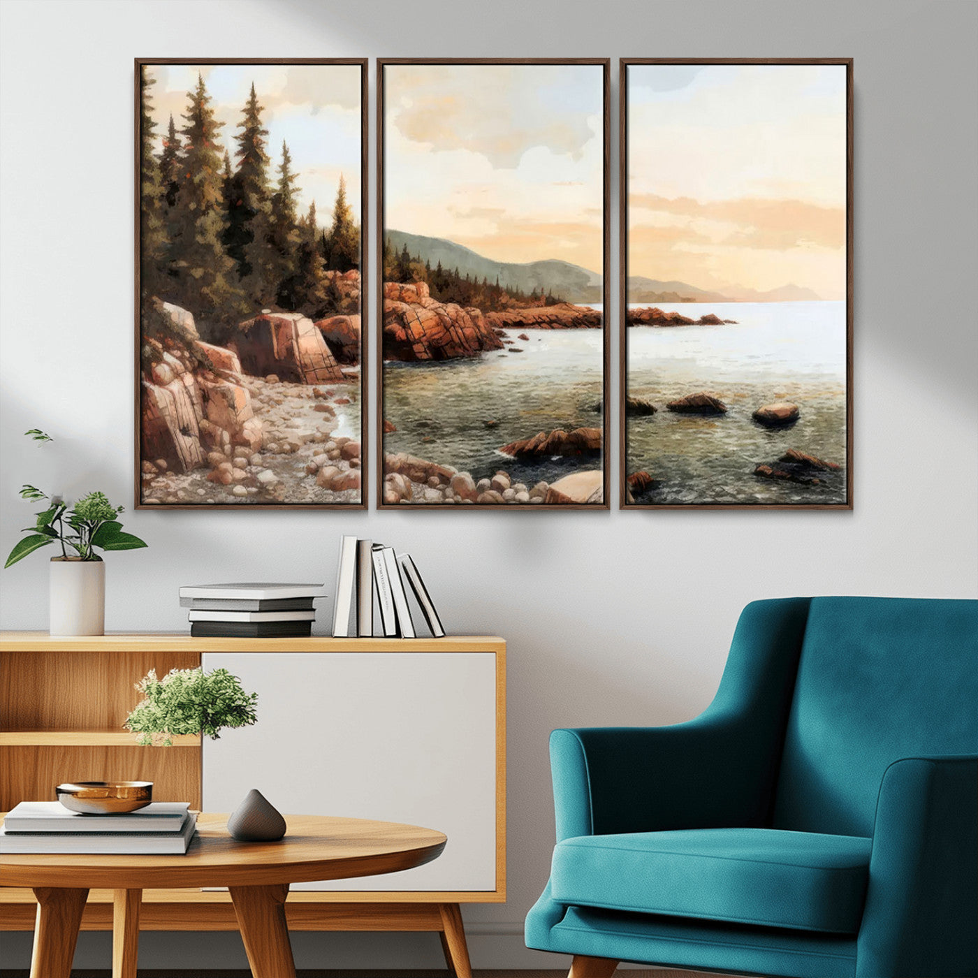 77145-MGV-CV-36X24-Coastal Landscape Wall Art – Panoramic Rocky Shoreline and Pine Trees Canvas Print, Rustic Nature Decor for Cabin, Lodge, Office,