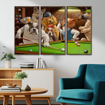 34228-MGV-CV-36X24-Dogs Playing Pool Wall Art Canvas Print, Framed Funny Dog Art Picture Print, Dog Perfect Game Room Decor Artwork