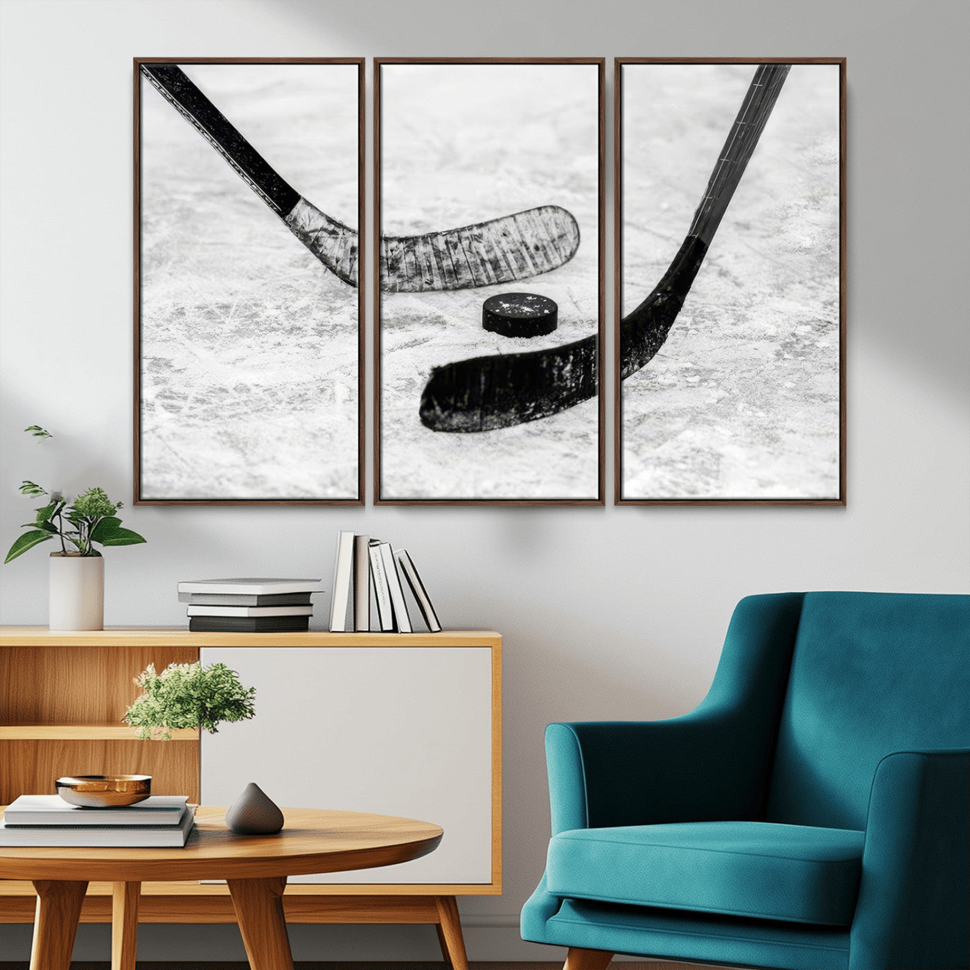 82900-MGV-CV-36X24-Hockey Wall Art – Black and White Canvas Print Ice Rink Sticks Puck Sports Photography, Modern Decor for Game Room, Man Cave,