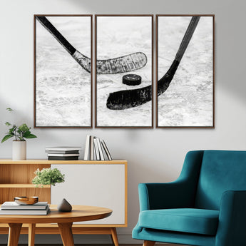 82900-MGV-CV-36X24-Hockey Wall Art – Black and White Canvas Print Ice Rink Sticks Puck Sports Photography, Modern Decor for Game Room, Man Cave,