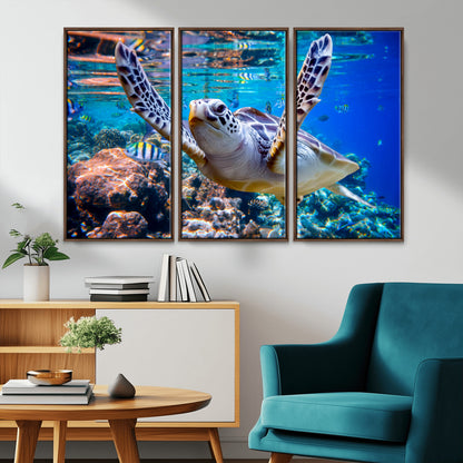 12683-MGV-CV-36X24-Sea Turtle Wall Art – Graceful Ocean Canvas Print with Coral Reef and Tropical Fish, Coastal Marine Life Decor for Beach House,