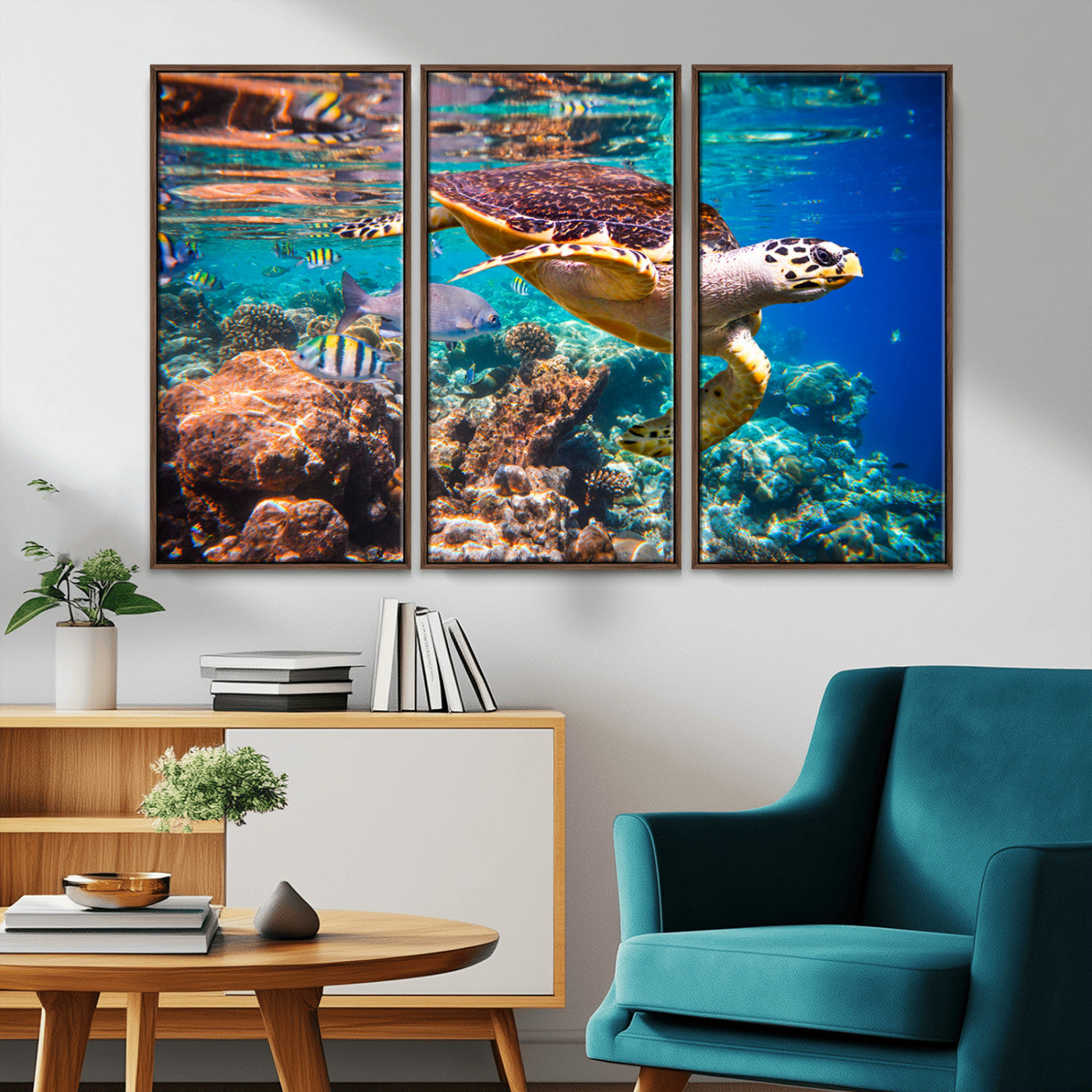 66614-MGV-CV-36X24-Sea Turtle Wall Art – Hawksbill Turtle Swimming Over Coral Reef Canvas Print, Ocean Marine Life Decor for Beach House, Coastal