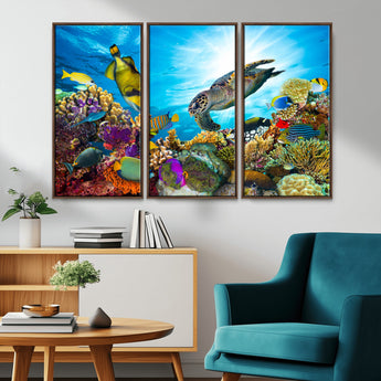 44772-MGV-CV-36X24-Underwater Sea Turtle Wall Art – Vibrant Coral Reef and Tropical Fish Canvas Print, Ocean Marine Life Decor for Living Room,