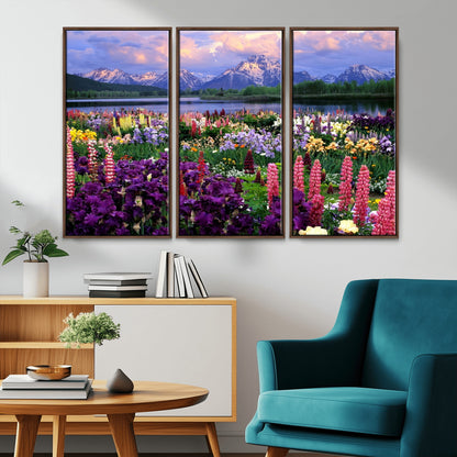 82270-MGV-CV-36X24-Colorful Wildflower Meadow Landscape Wall Art – Snow-Capped Mountain Lake Sunset Print, Vibrant Nature Artwork for Living Room,
