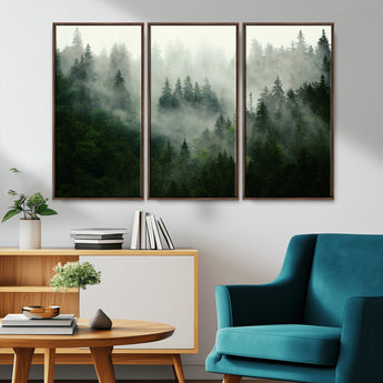 167720496-MGV-FC-48X32-3P_Walnut-Misty Forest Wall Art – Serene Evergreen Trees Canvas Print, Foggy Mountain Nature Landscape Decor for Bedroom, Living Room or