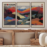 49228-MGV-FC-93X47-3P_Black-Kusama Wall Art – Vibrant Japanese Landscape Canvas Print, Modern Abstract Mountain and River Decor for Living Room, Office or Art