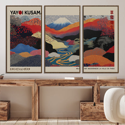 49228-MGV-FC-93X47-3P_Black-Kusama Wall Art – Vibrant Japanese Landscape Canvas Print, Modern Abstract Mountain and River Decor for Living Room, Office or Art