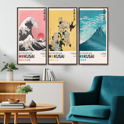 Katsushika-MGV-CV-36X24-Katsushika Hokusai Wall Art Set – The Great Wave, Hydrangea and Swallow, Fine Wind Canvas Prints, Japanese Ukiyo e Style Home and