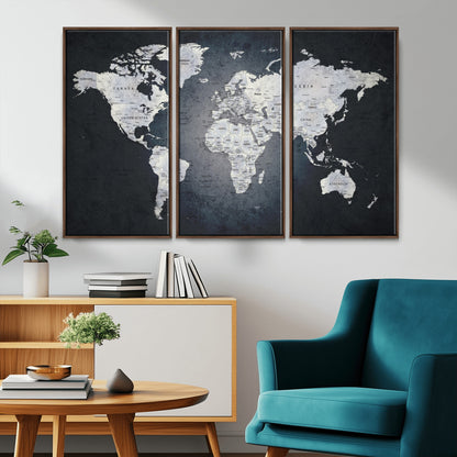 19124-MGV-CV-36X24-Modern World Map Wall Art – Black and White Canvas Print, Minimalist Global Map Decor for Office, Study, Bedroom or Living Room