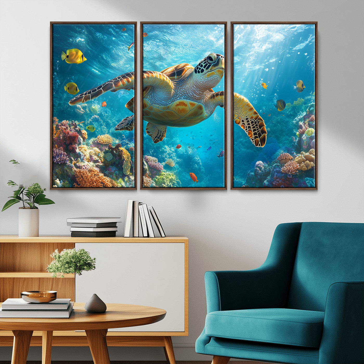 37623-MGV-CV-36X24-Sea Turtle Wall Art – Underwater Ocean Canvas Print with Coral Reef and Tropical Fish, Marine Life Painting Poster for Living