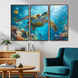 37623-MGV-CV-36X24-Sea Turtle Wall Art – Underwater Ocean Canvas Print with Coral Reef and Tropical Fish, Marine Life Painting Poster for Living