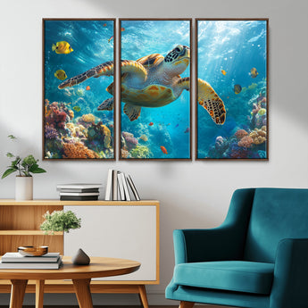 37623-MGV-CV-36X24-Sea Turtle Wall Art – Underwater Ocean Canvas Print with Coral Reef and Tropical Fish, Marine Life Painting Poster for Living
