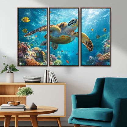 37623-MGV-CV-36X24-Sea Turtle Wall Art – Underwater Ocean Canvas Print with Coral Reef and Tropical Fish, Marine Life Painting Poster for Living