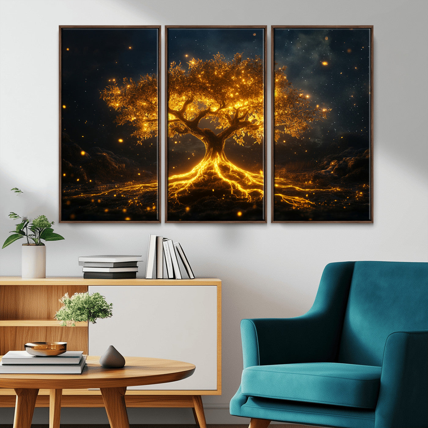 60194-MGV-CV-36X24-Glowing Tree Wall Art – Golden Roots Fantasy Canvas Print, Mystical Illuminated Tree Painting Poster for Living Room, Bedroom,