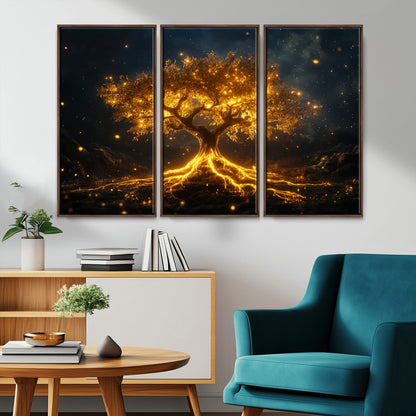 60194-MGV-CV-36X24-Glowing Tree Wall Art – Golden Roots Fantasy Canvas Print, Mystical Illuminated Tree Painting Poster for Living Room, Bedroom,