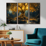 92739-MGV-CV-36X24-Glowing Tree Wall Art – Enchanted Golden Forest Canvas Print, Mystical Illuminated Nature Painting Poster for Living Room,