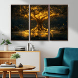 59580-MGV-CV-36X24-Glowing Tree Wall Art – Golden Fantasy Nature Canvas Print, Mystical Illuminated Tree Painting Poster for Living Room, Bedroom,