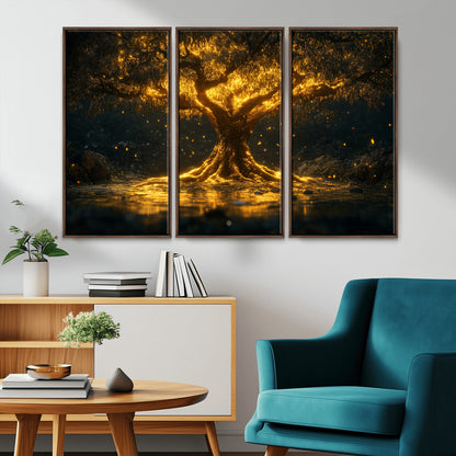 59580-MGV-CV-36X24-Glowing Tree Wall Art – Golden Fantasy Nature Canvas Print, Mystical Illuminated Tree Painting Poster for Living Room, Bedroom,