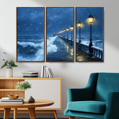32668-MGV-CV-36X24-Stormy Pier Wall Art – Ocean Waves and Street Lamps Canvas Print, Rainy Night Seascape Oil Painting Poster for Living Room,
