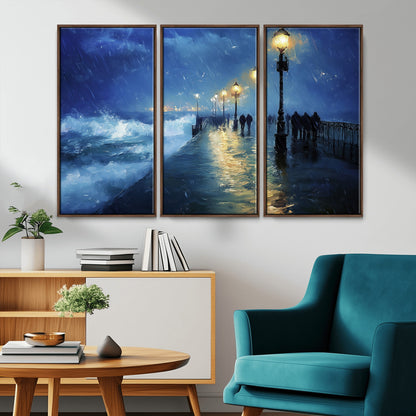 94571-MGV-CV-36X24-Seaside Night Wall Art – Ocean Waves and Street Lamps Canvas Print, Rainy City Pier Oil Painting Poster for Living Room, Bedroom,