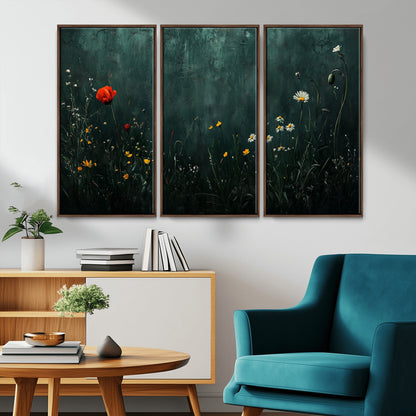 26218-MGV-CV-36X24-Wildflower Wall Art – Dark Botanical Floral Canvas Print, Modern Nature Painting Poster with Daisy Poppy Yellow Flowers for Living