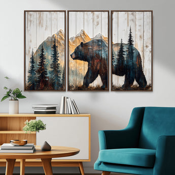 90077-MGV-CV-36X24-Wood Grizzly Bear Wall Art Canvas Print, Framed Abstract Bear Art Picture Print, Bear in Forest Perfect Rustic Lodge Decor Artwork
