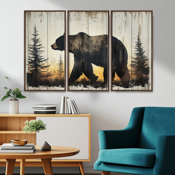 83875-MGV-CV-36X24-Sunset Bear Wall Art – Rustic Wildlife Canvas Print with Forest Silhouette, Cabin Lodge Decor for Living Room or Office