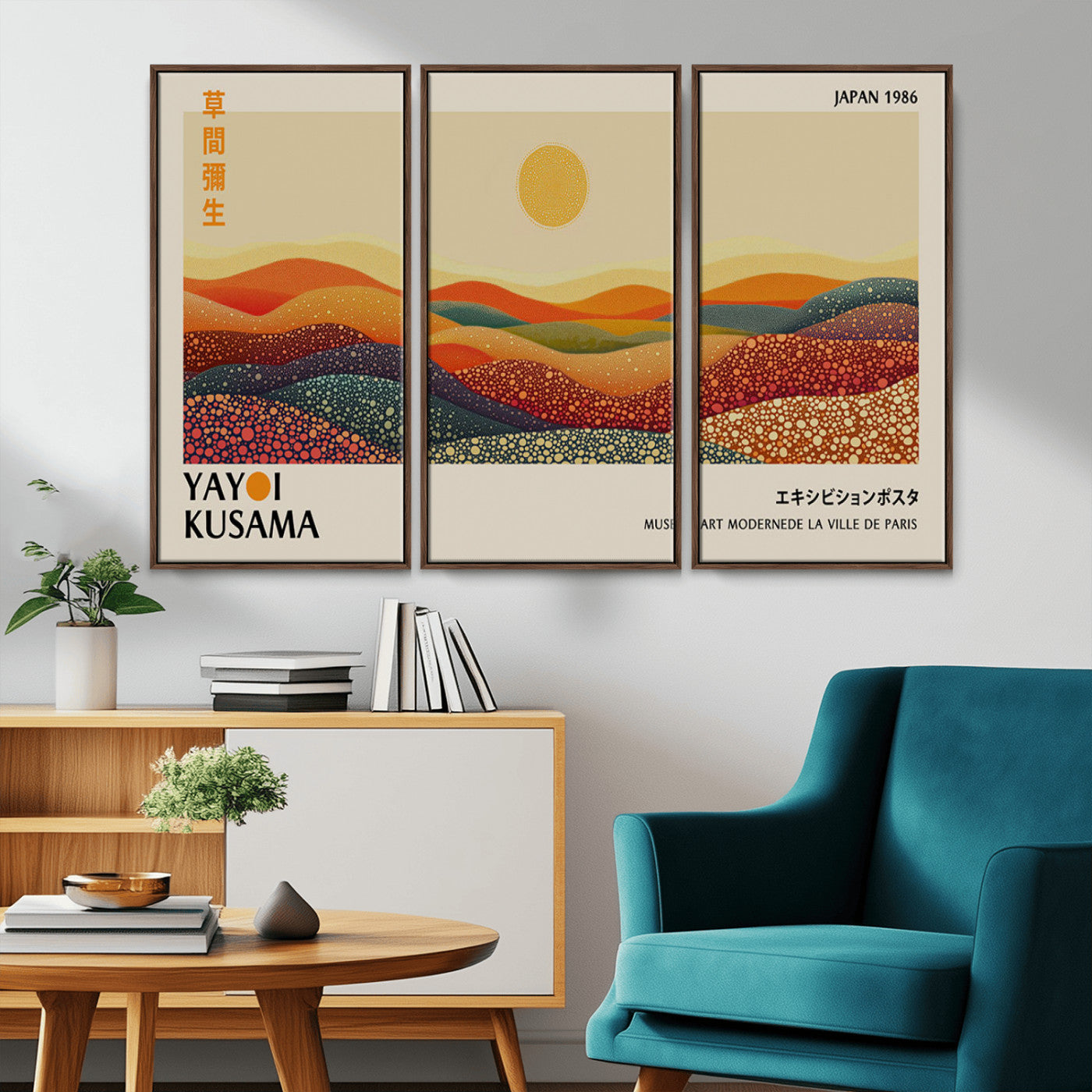 88180-MGV-CV-36X24-Yayoi Kusama Landscape Wall Art – Abstract Dotted Mountain Canvas Print, Retro Sun Poster for Modern Living Room, Office or