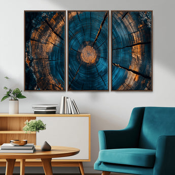 65231-MGV-CV-36X24-Blue and Gold Tree Ring Wall Art – Rustic Abstract Wood Slice Canvas Print, Modern Nature Inspired Artwork for Living Room,