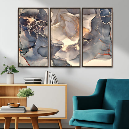 18202-MGV-CV-36X24-Abstract Neutral Wall Art – Blue, Beige and Gold Fluid Ink Canvas Print, Modern Minimalist Painting for Living Room, Office