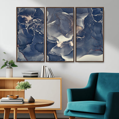 28282-MGV-FC-48X32-3P_Walnut-Blue Abstract Wall Art – Modern Ink Swirl Canvas Print, Contemporary Navy and Gold Painting for Living Room, Bedroom, Office or