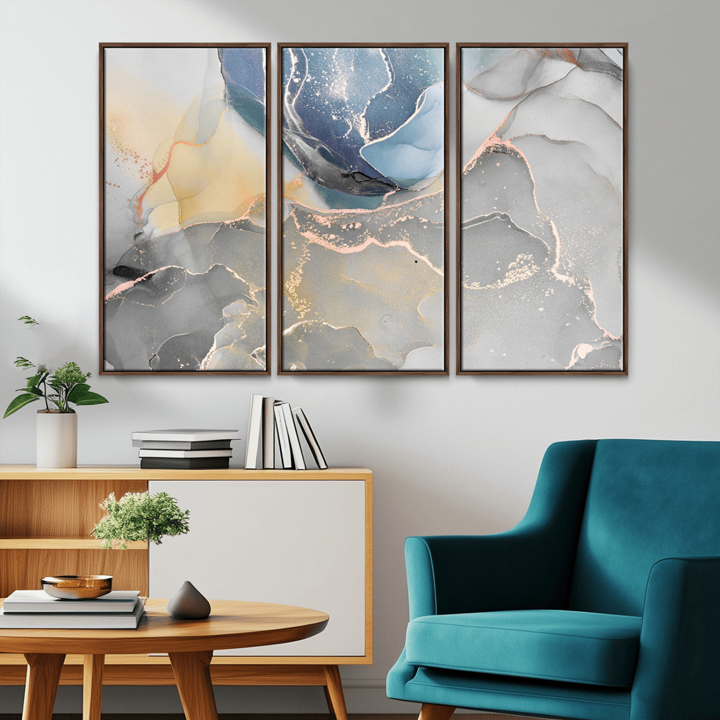 18176-MGV-CV-36X24-Abstract Fluid Wall Art – Modern Marble Ink Canvas Print with Blue, Gold, and Gray Tones, Contemporary Minimal Artwork Decor for