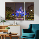 63560-MGV-CV-36X24-Fairy Tale Castle Wall Art – Magical Night Scene Canvas Print with Lights and Gardens, Fantasy Architecture Artwork for Living