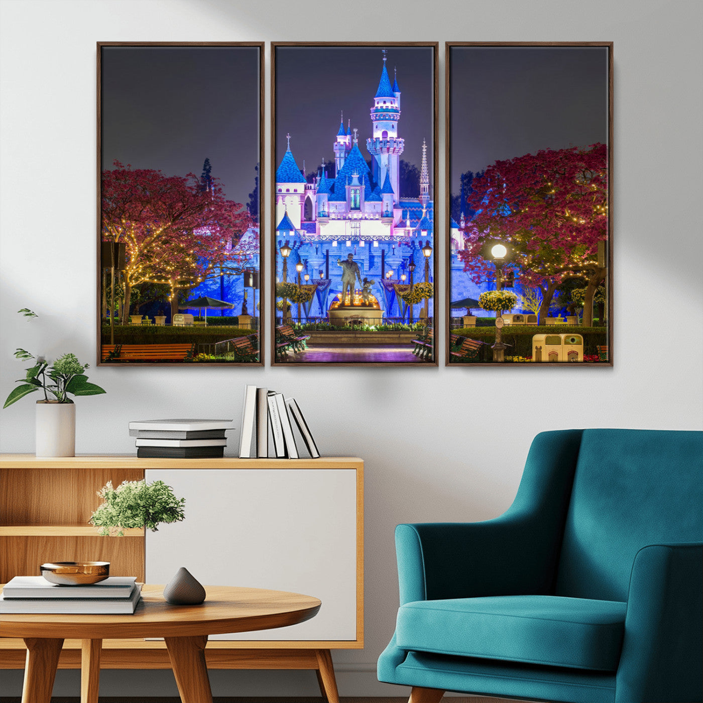 66710-MGV-FC-48X32-3P_Walnut-Enchanted Castle Wall Art – Magical Night Scene Canvas Print with Glowing Lights, Fantasy Architecture Artwork for Living Room,