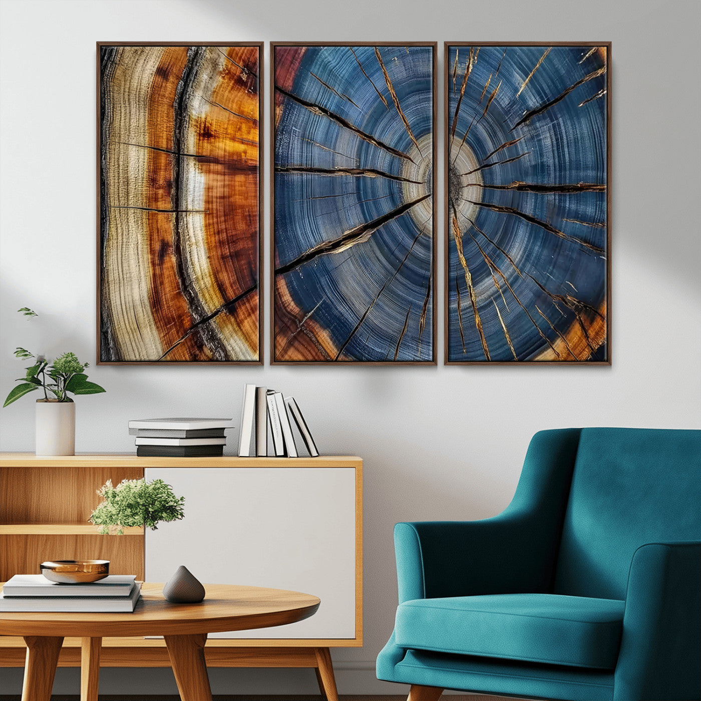 10583-MGV-CV-36X24-Tree Ring Wall Art – Abstract Wood Grain Canvas Print with Blue and Brown Tones, Nature Inspired Rustic Artwork for Living Room,