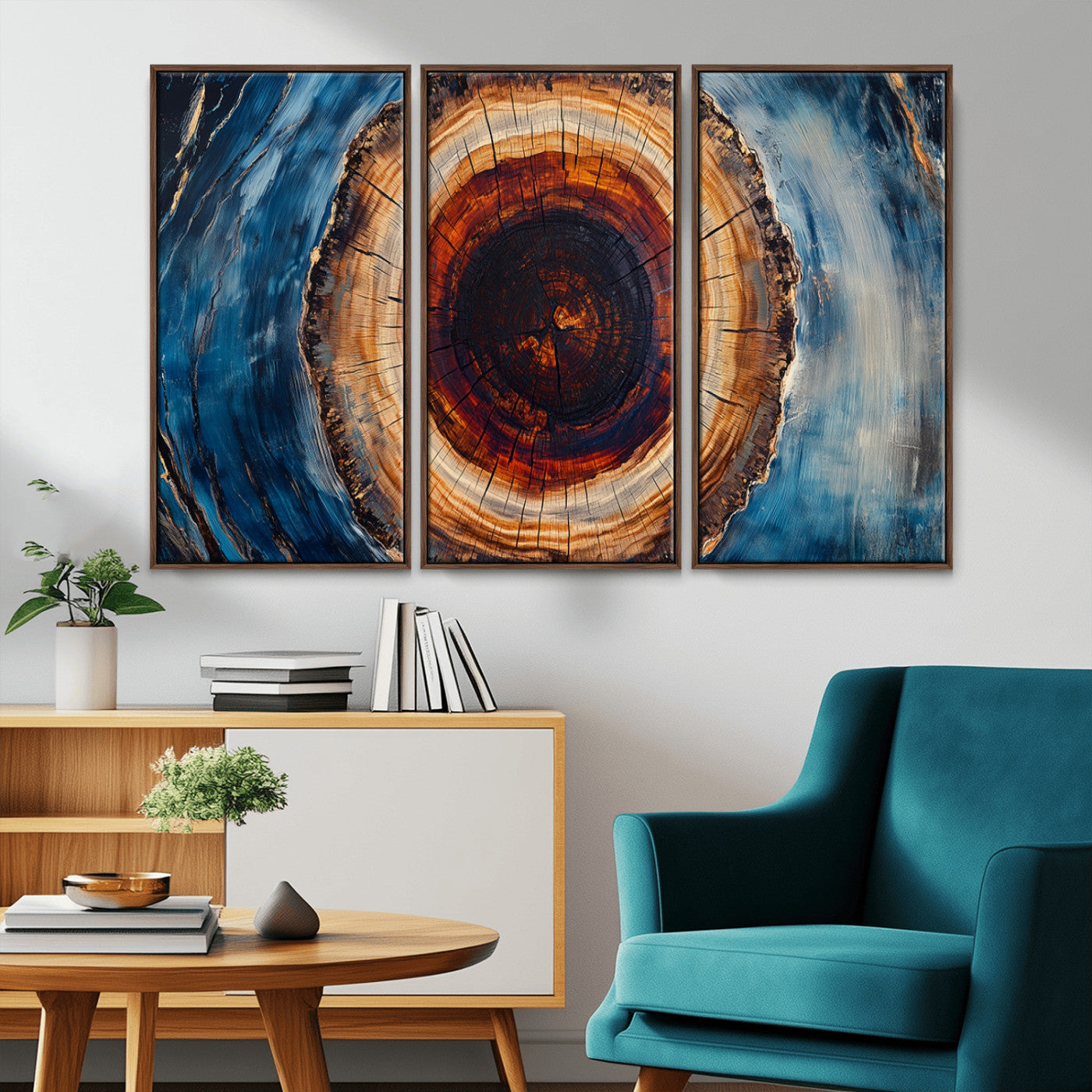30457-MGV-CV-36X24-Tree Ring Wall Art – Abstract Wood Grain Canvas Print with Brown and Blue Swirl, Rustic Nature Inspired Artwork for Living Room,