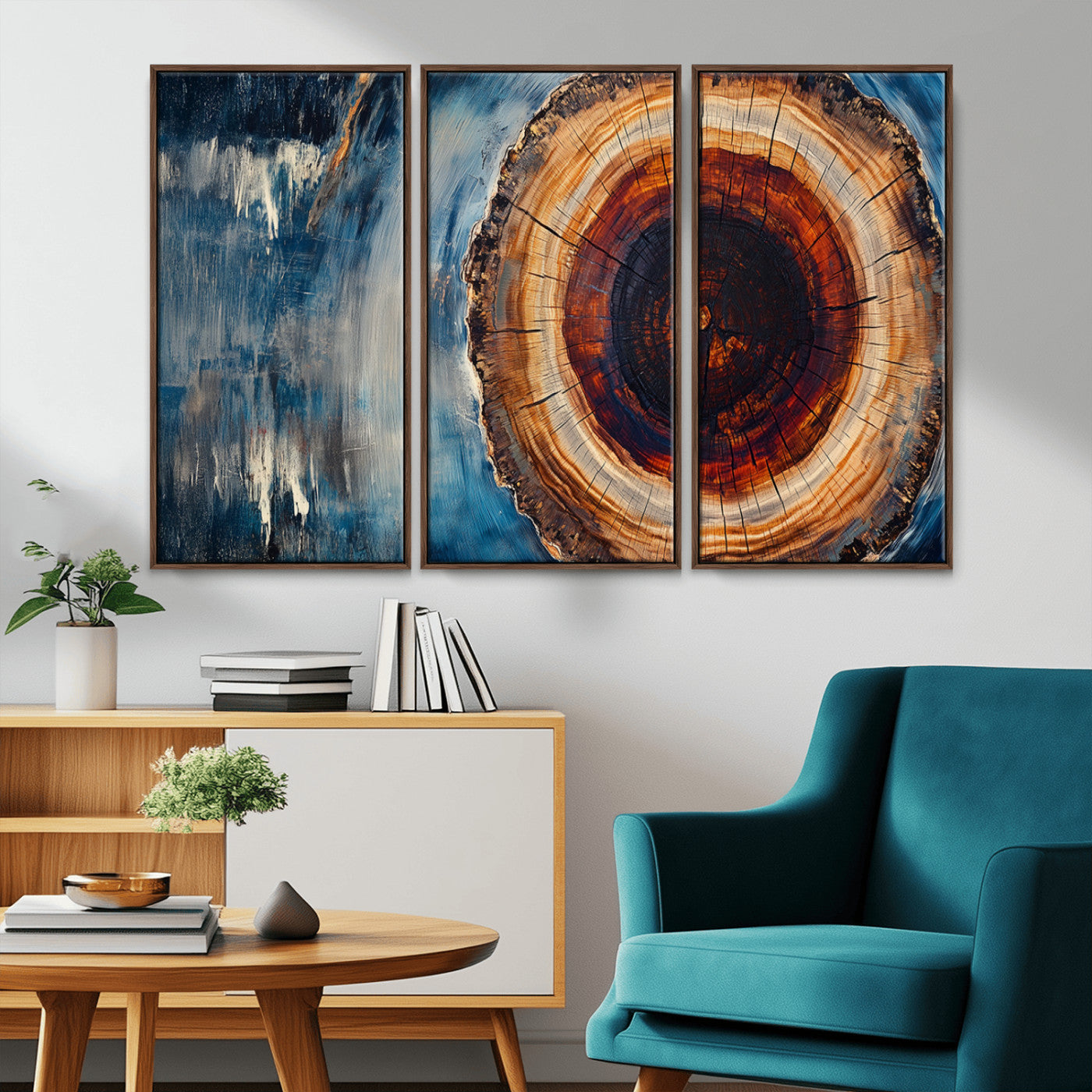 48045-MGV-CV-36X24-Tree Ring Abstract Wall Art – Rustic Wood Grain Canvas Print with Brown Center and Blue Brush Strokes, Nature Inspired Artwork for