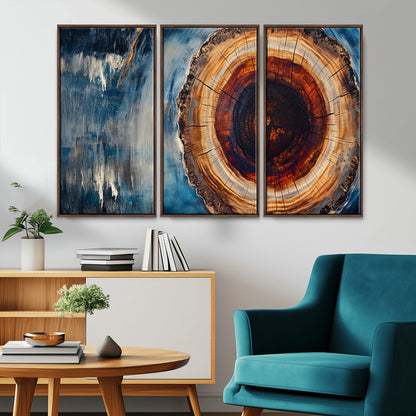 48045-MGV-CV-36X24-Tree Ring Abstract Wall Art – Rustic Wood Grain Canvas Print with Brown Center and Blue Brush Strokes, Nature Inspired Artwork for