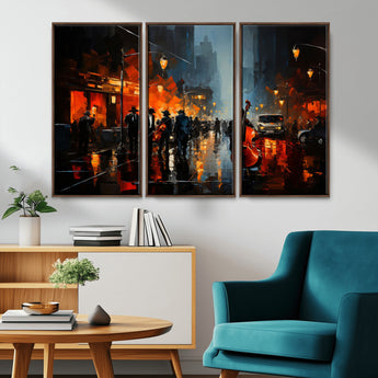 32816-MGV-FC-48X32-3P_Walnut-City Jazz Night Wall Art – Modern Abstract Urban Street Scene Canvas Print, Moody Music-Themed Decor for Living Room, Office, or