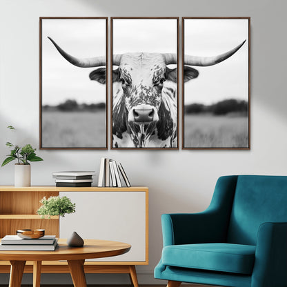 20272-MGV-FC-48X32-3P_Walnut-Texas Longhorn Wall Art – Black and White Cowboy Western Canvas Print, Rustic Farmhouse Cattle Photography Decor for Ranch, Barn