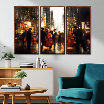 58782-MGV-CV-36X24-Jazz Musicians Cityscape Wall Art – Vibrant Urban Night Canvas Print, Elegant Music Themed Decor for Living Room, Office, or Music
