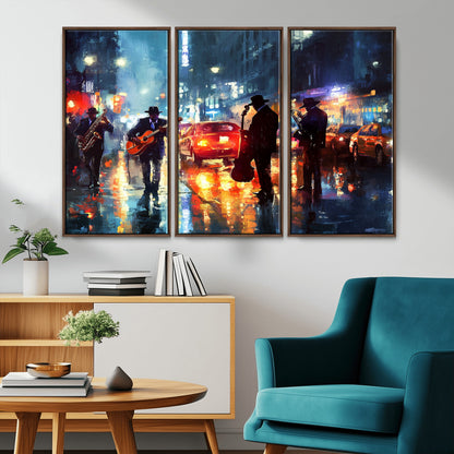 94605-MGV-CV-36X24-City Jazz Night Wall Art – Vibrant Music Canvas Print Featuring Saxophone, Guitar and Bass Players, Urban Street Scene Artwork for