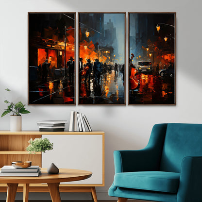 46538-MGV-CV-36X24-Urban Jazz Night Wall Art – Dramatic Music Canvas Print with Double Bass and Street Musicians, Modern City Scene Artwork for