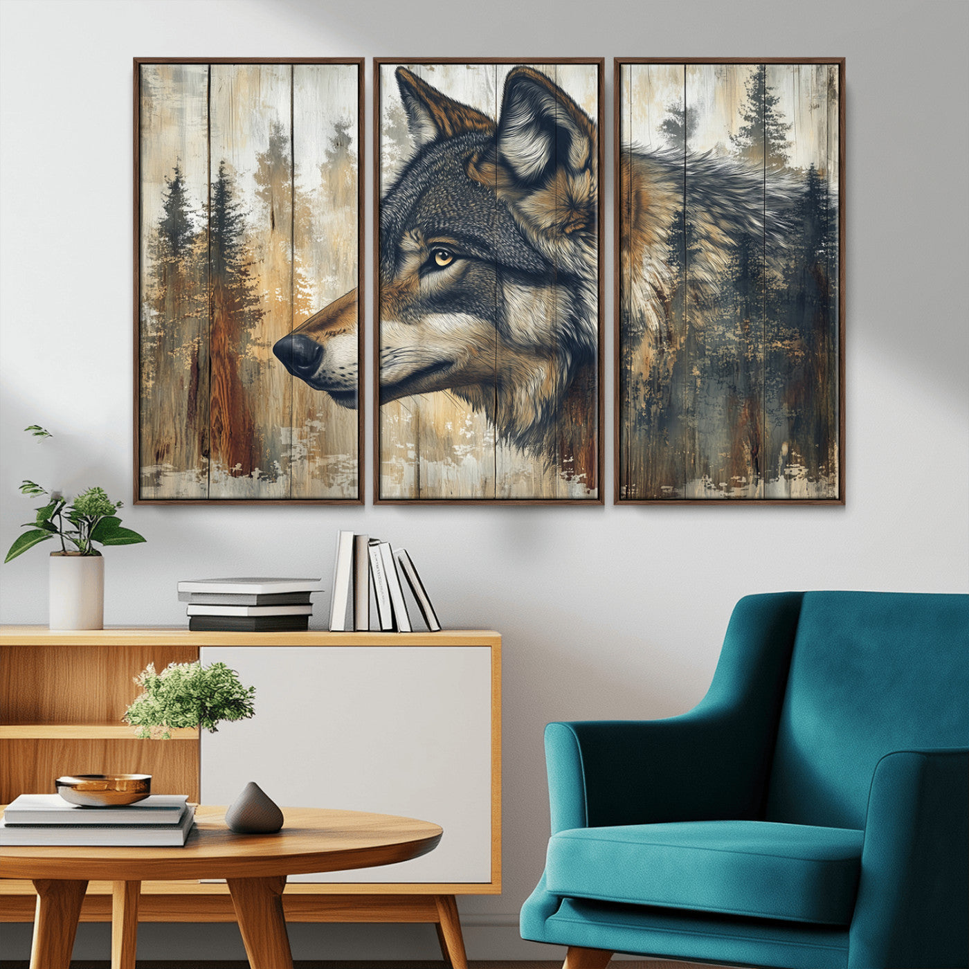 91882-MGV-CV-36X24-Wolf Wall Art – Rustic Canvas Print of Forest Wolf on Wood Background, Wildlife Lodge Artwork for Living Room, Bedroom, Cabin, or