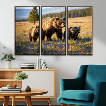 43400-MGV-CV-36X24-Bear Family Wall Art – Wildlife Canvas Print of Mother Bear with Cubs in Sunlit Meadow, Rustic Animal Artwork for Living Room,