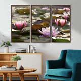 28394-MGV-CV-36X24-Water Lily Pond Wall Art – Pink Lotus Flowers Canvas Print with Green Lily Pads, Peaceful Botanical Artwork for Living Room,