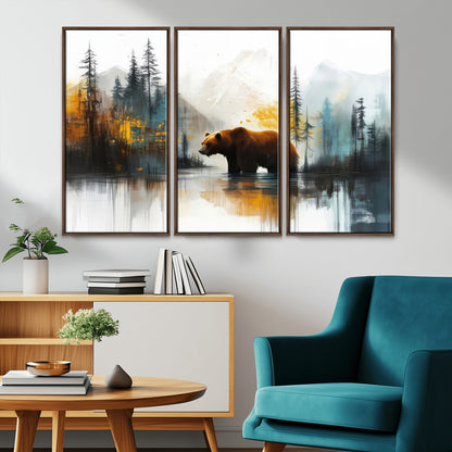 50308-MGV-CV-36X24-Abstract Rustic Bear Wall Art – Forest and Mountain Scene Canvas Print, Nature Artwork for Modern Farmhouse or Log Cabin Decor
